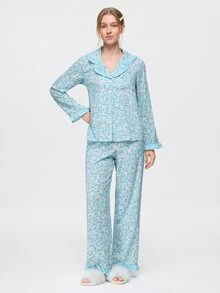 Bonmuse Ljusblå blommigt tryck med volangdetaljer för kvinnor, långärmad pyjamas - Babyblå - Visa 3