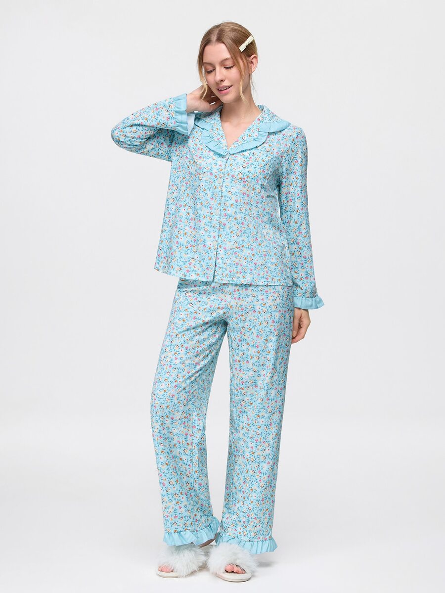 Bonmuse Ljusblå blommigt tryck med volangdetaljer för kvinnor, långärmad pyjamas - Babyblå - Visa 1