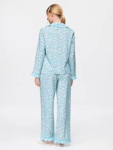Bonmuse Ljusblå blommigt tryck med volangdetaljer för kvinnor, långärmad pyjamas - Babyblå - Visa 2