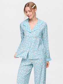 Bonmuse Ljusblå blommigt tryck med volangdetaljer för kvinnor, långärmad pyjamas - Babyblå - Visa 6