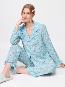 Bonmuse Ljusblå blommigt tryck med volangdetaljer för kvinnor, långärmad pyjamas - Babyblå - Visa 8