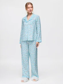 Bonmuse Ljusblå blommigt tryck med volangdetaljer för kvinnor, långärmad pyjamas - Babyblå - Visa 5