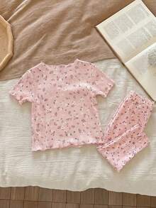 SHEIN 女嬰花卉印花上衣與長褲睡衣套裝 - 粉色 - 查看 2