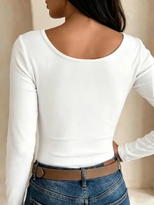 Balvessa Women's Solid Color Contrast Lace V-Neck Long Sleeve Fitted T-Shirt - White - View 2