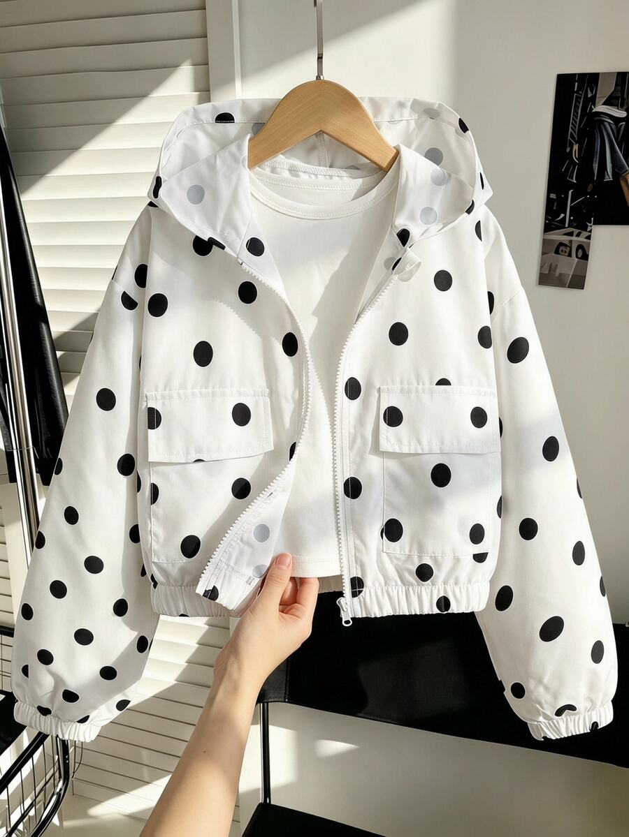 SHEIN Tween Girl Fall Clothes Casual Fashion Woven Fabric Polka Dot Print Short Hooded Jacket, Loose Fit, Comfortable, Suitable For Spring, Summer, Autumn - White - View 1