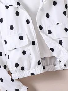 SHEIN Tween Girl Fall Clothes Casual Fashion Woven Fabric Polka Dot Print Short Hooded Jacket, Loose Fit, Comfortable, Suitable For Spring, Summer, Autumn - White - View 4