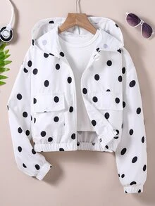 SHEIN Tween Girl Fall Clothes Casual Fashion Woven Fabric Polka Dot Print Short Hooded Jacket, Loose Fit, Comfortable, Suitable For Spring, Summer, Autumn - White - View 6