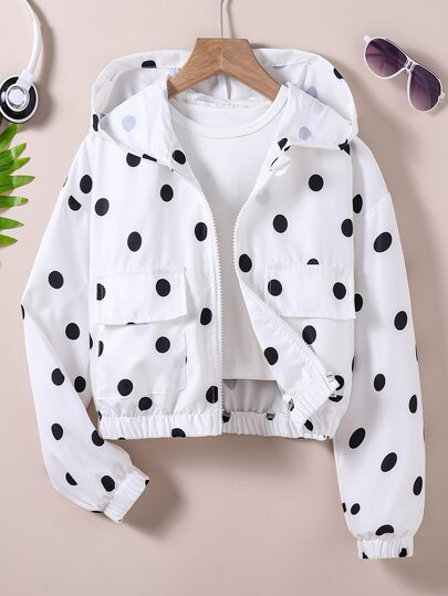 SHEIN Tween Girl Fall Casual Cool Girl Graphic Cute Woven Fabric Polka Dot Print Short Hooded Jacket Loose Fit Spring Summer School White Polka Dot