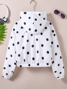 SHEIN Tween Girl Fall Clothes Casual Fashion Woven Fabric Polka Dot Print Short Hooded Jacket, Loose Fit, Comfortable, Suitable For Spring, Summer, Autumn - White - View 2
