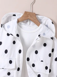 SHEIN Tween Girl Fall Clothes Casual Fashion Woven Fabric Polka Dot Print Short Hooded Jacket, Loose Fit, Comfortable, Suitable For Spring, Summer, Autumn - White - View 5