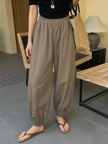 Livesso Petite 女款純色百褶休閒百搭長褲，適合日常通勤旅行，秋季正式日常穿搭，棕色系 - 棕色 - 查看 6