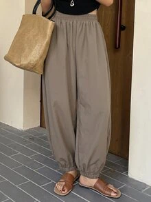 Livesso Petite 女款純色百褶休閒百搭長褲，適合日常通勤旅行，秋季正式日常穿搭，棕色系 - 棕色 - 查看 7