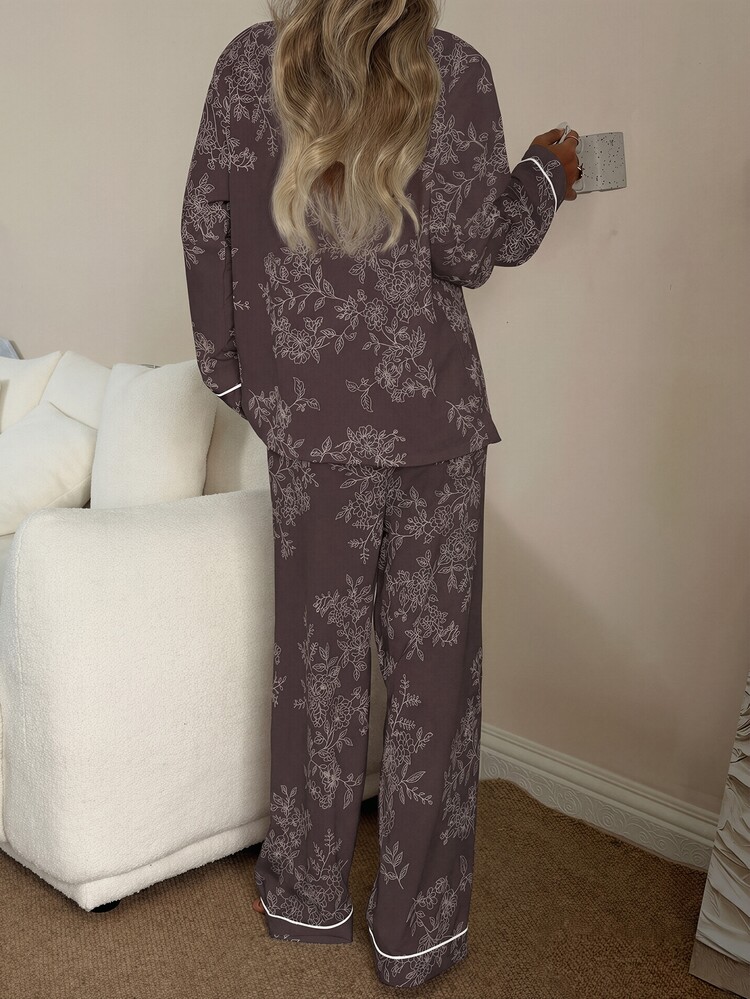 CottageSlumber Women's Bubble Crinkle Floral Print Long Sleeve Long Pants Pajama Set - Brown - View 2