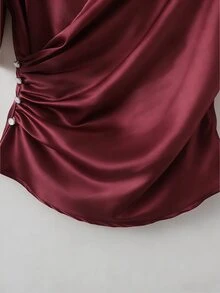 Franclia 优雅缎面衬衫，短袖衬衫，V领衬衫，日常衬衫 - 酒紅色 - 查看 5
