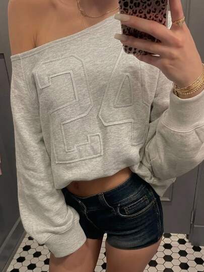 Livesso Sudadera holgada casual de manga larga con hombro asimétrico y patchwork digital para mujer