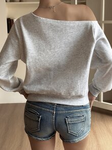 Livesso Women's Light Grey Solid Color Loose Fit Hooded Drawstring Long Sleeve Pullover Sweatshirt With Front Pocket Everyday Autumn Casual - Grey - View 2