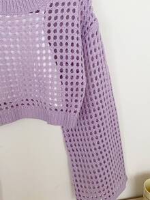 Tween Girls Solid Color Crew Neck Long Sleeve Hollow Out Loose Knitted Sweater Autumn Fall School Everyday Purple Cute - Lilac Purple - View 5