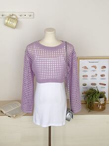 Tween Girls Solid Color Crew Neck Long Sleeve Hollow Out Loose Knitted Sweater Autumn Fall School Everyday Purple Cute - Lilac Purple - View 6