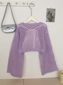 Tween Girls Solid Color Crew Neck Long Sleeve Hollow Out Loose Knitted Sweater Autumn Fall School Everyday Purple Cute - Lilac Purple - View 2