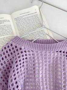 Tween Girls Solid Color Crew Neck Long Sleeve Hollow Out Loose Knitted Sweater Autumn Fall School Everyday Purple Cute - Lilac Purple - View 4