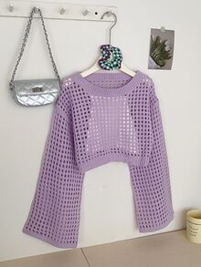 Tween Girls Solid Color Crew Neck Long Sleeve Hollow Out Loose Knitted Sweater Autumn Fall School Everyday Purple Cute - Lilac Purple - View 3