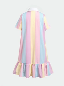 SHEIN 少女條紋騎士印花鈕扣半開襟短袖洋裝 - 彩色 - 查看 3