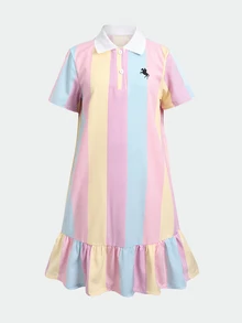 SHEIN 少女條紋騎士印花鈕扣半開襟短袖洋裝 - 彩色 - 查看 2