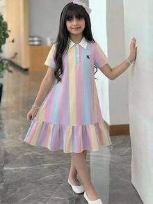 SHEIN 少女條紋騎士印花鈕扣半開襟短袖洋裝 - 彩色 - 查看 1