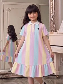 SHEIN 少女條紋騎士印花鈕扣半開襟短袖洋裝 - 彩色 - 查看 7