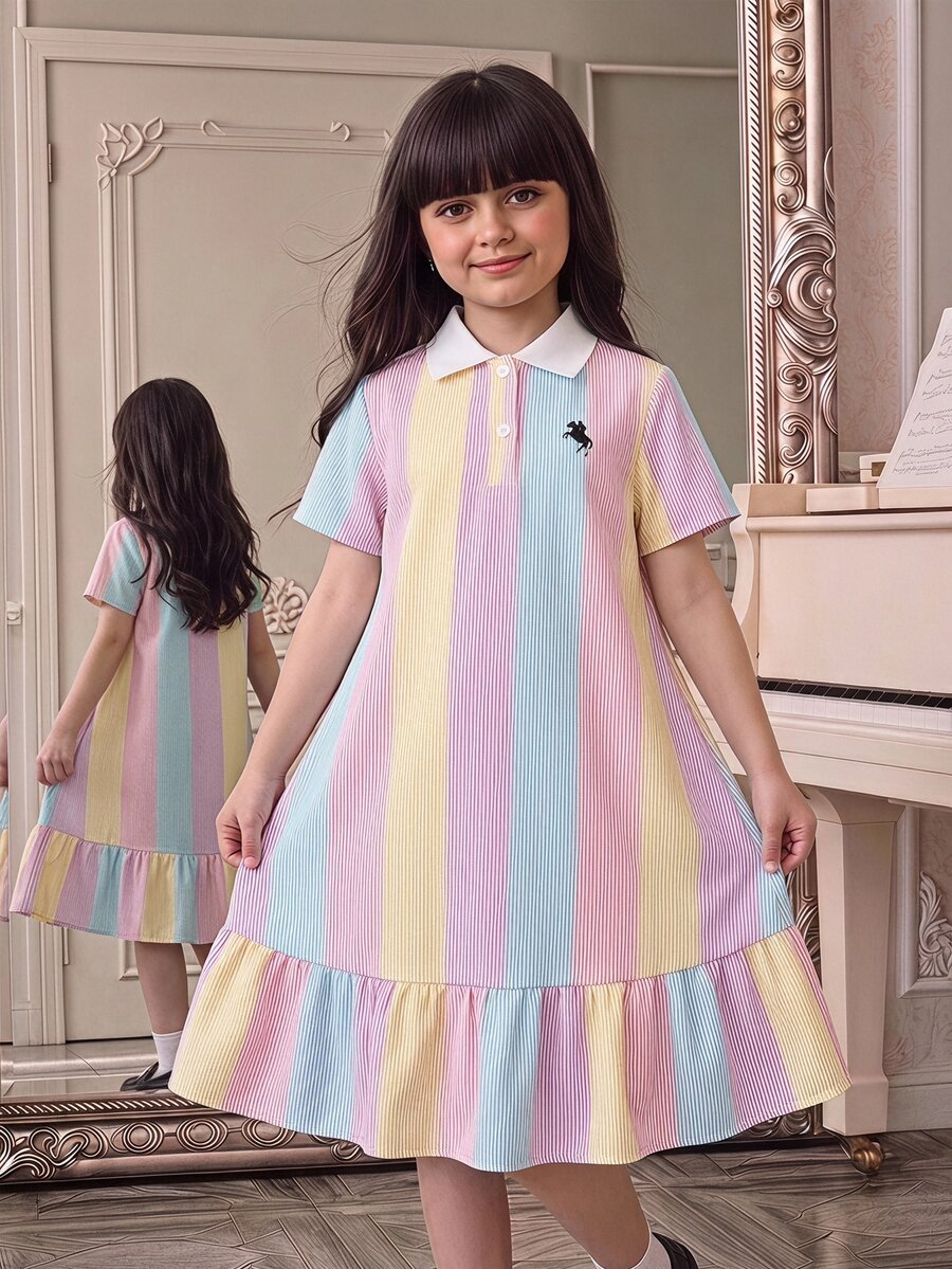 SHEIN فستان قصير الأكمام بفتحة نصفية بأزرار وطبعة فارس مخططة للفتيات المراهقات - متعدد الألوان - مشاهدة 1