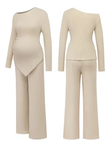 Momance Maternity Beige Autumn 2 Pieces Set, Casual Solid Color Asymmetrical Top And Long Pants Outfit Fall - Beige - View 4