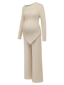 Momance Maternity Beige Autumn 2 Pieces Set, Casual Solid Color Asymmetrical Top And Long Pants Outfit Fall - Beige - View 2