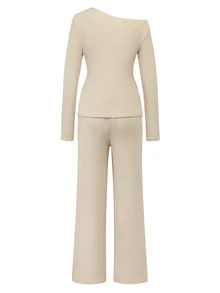 Momance Maternity Beige Autumn 2 Pieces Set, Casual Solid Color Asymmetrical Top And Long Pants Outfit Fall - Beige - View 3