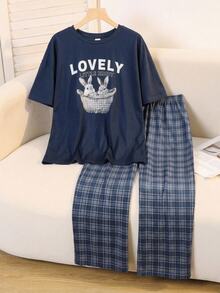 SHEIN Teen Girl Tween Girls Pajamas Deep Blue T-Shirt With Plaid Straight Leg Pants Set, T-Shirt Set Loungewear Suitable For Autumn/Winter - Navy Blue - View 4