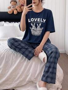 SHEIN Teen Girl Tween Girls Pajamas Deep Blue T-Shirt With Plaid Straight Leg Pants Set, T-Shirt Set Loungewear Suitable For Autumn/Winter - Navy Blue - View 3