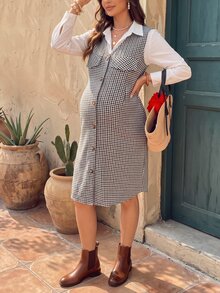 Momance Maternity Brown Elegant Small Check Vest Shirt Collar Jacket Fall - Coffee Brown - View 10