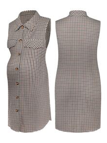 Momance Maternity Brown Elegant Small Check Vest Shirt Collar Jacket Fall - Coffee Brown - View 8
