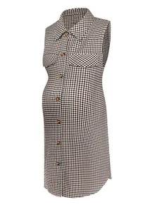 Momance Maternity Brown Elegant Small Check Vest Shirt Collar Jacket Fall - Coffee Brown - View 2
