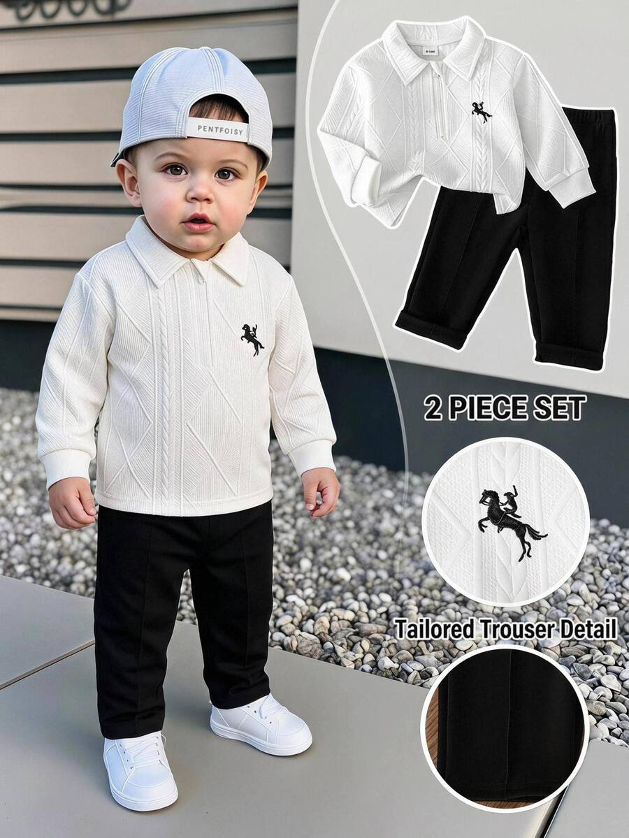 SHEIN Playful Pals 男嬰白色紋理布料刺繡小馬半拉鍊 Polo 衫上衣與黑色鬆緊腰長褲套裝，返校秋季款