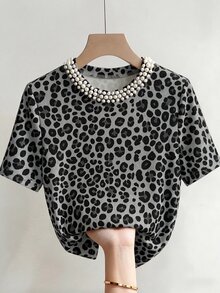 Franclia Elegant 70s Slim Fit Round Neck Beaded Casual Ribbed Short Sleeve Women's T-Shirt Day Party Night Out Date Night Grey Leopard Print Summer - Grey - View 3