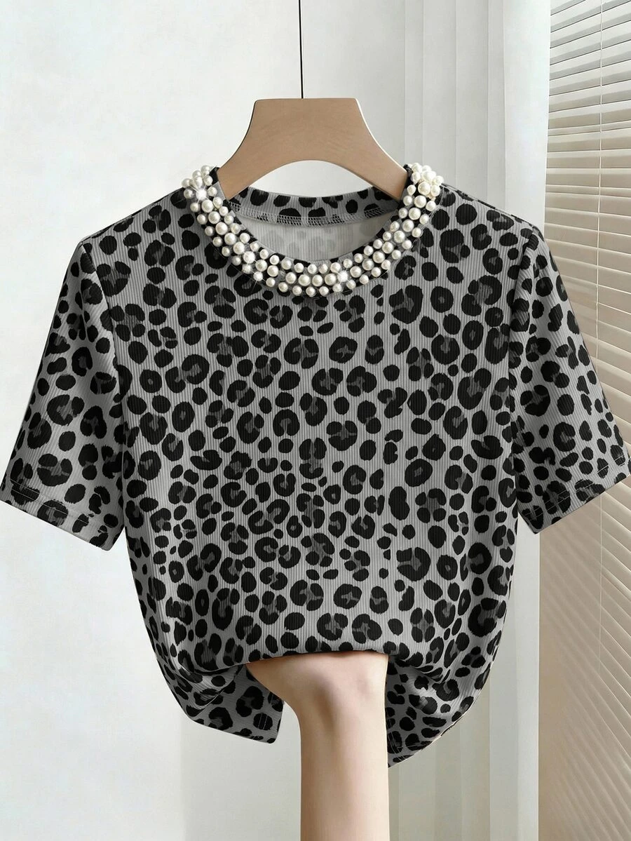 Franclia Elegant 70s Slim Fit Round Neck Beaded Casual Ribbed Short Sleeve Women's T-Shirt Day Party Night Out Date Night Grey Leopard Print Summer - Grey - View 1