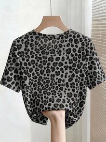 Franclia Elegant 70s Slim Fit Round Neck Beaded Casual Ribbed Short Sleeve Women's T-Shirt Day Party Night Out Date Night Grey Leopard Print Summer - Grey - View 2