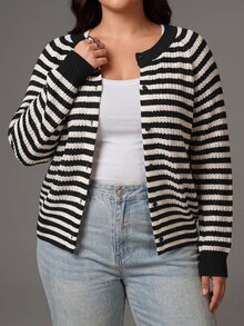 SHEIN Tall CURVE كارديجان مخطط كاجوال للخريف بمقاسات كبيرة - أبيض وأسود - مشاهدة 7