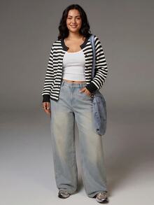 SHEIN Tall CURVE كارديجان مخطط كاجوال للخريف بمقاسات كبيرة - أبيض وأسود - مشاهدة 3