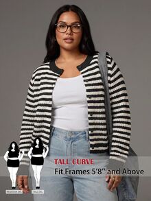SHEIN Tall CURVE كارديجان مخطط كاجوال للخريف بمقاسات كبيرة - أبيض وأسود - مشاهدة 2