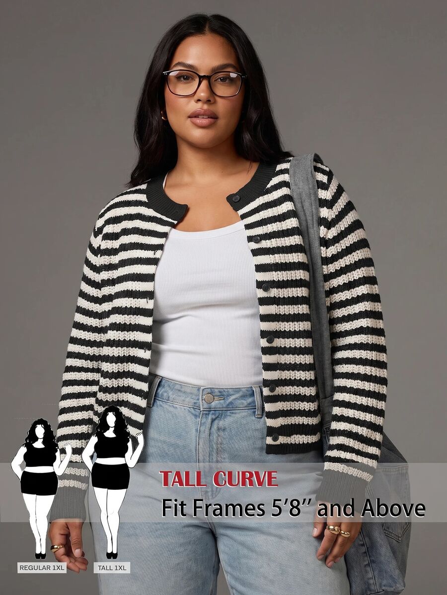 SHEIN Tall CURVE Plus Size Autumn Casual Striped Cardigan - Black and White - View 1