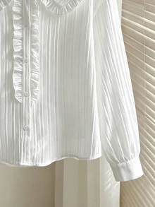 SHEIN Teen Girlkids Collared Ruffle Textured Fabric Long Sleeve Shirt - Khaki - View 6