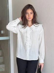 SHEIN Teen Girlkids Collared Ruffle Textured Fabric Long Sleeve Shirt - Khaki - View 1