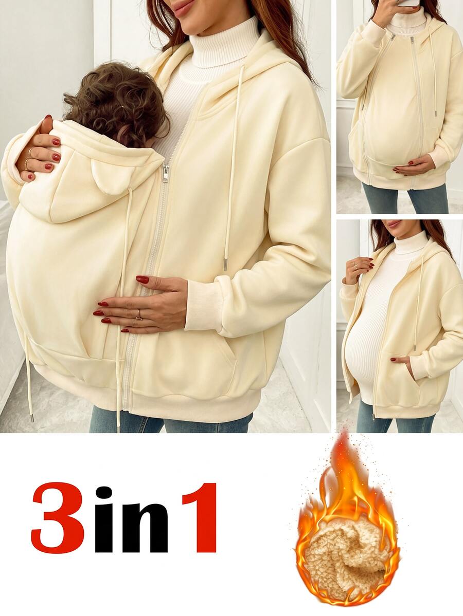 SHEIN Maternity Apricot Hooded Drawstring Zip-Up 3-In-1 Jacket Sweatshirt - Apricot - View 1