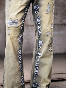 Skyrend 男士刺繡喇叭牛仔褲，修身破洞丹寧長褲，Y2K 堆疊水洗牛仔褲，字母貼布裝飾，四季街頭風 - 黃色 - 查看 8